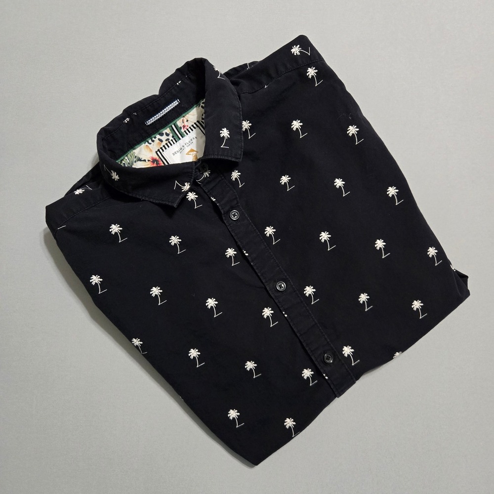 Denim & Flower Ricky Singh Shirt Mens Medium Black Palm Tree Button Down Cotton
